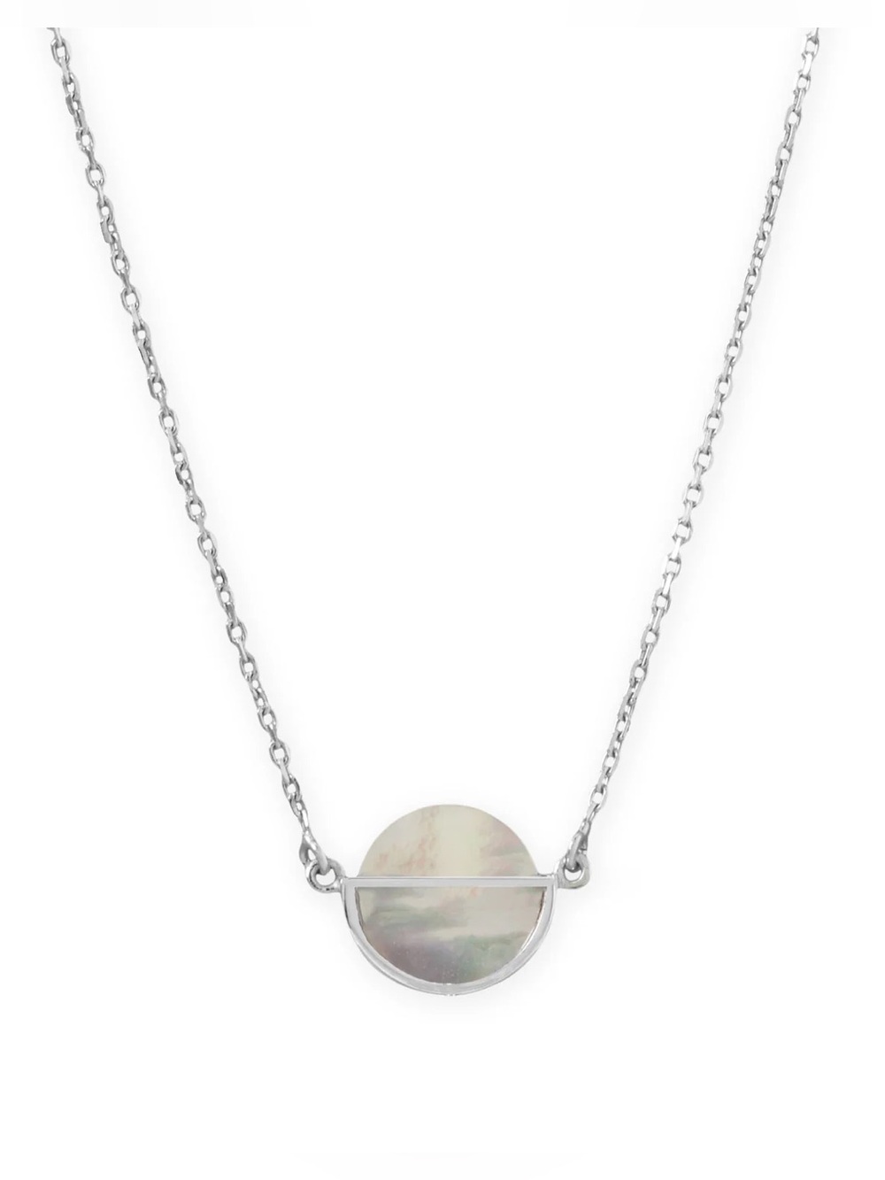 Sterling Silver Round Mother of Pearl Shell Necklace 16” + 2”